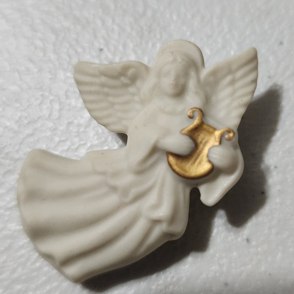 VTG Lenox Ivory China Angel Brooch Pin Gold Lyre Harp Matte Bisque Porcelain